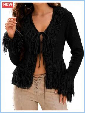 Womens Fringe Cardigan Tie Front Polyester Knit Western Cowgirl Sweater